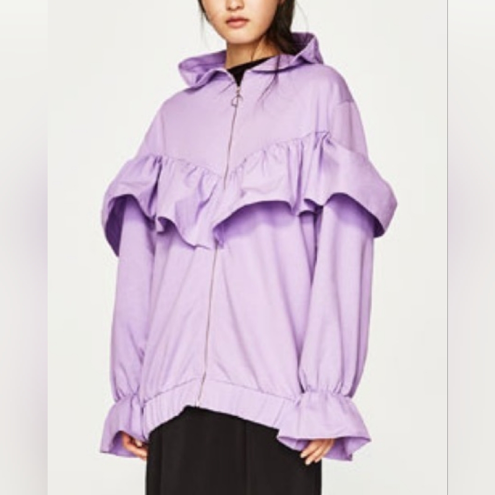 Zara lavender ruffle zip up long oversized hoodie size small